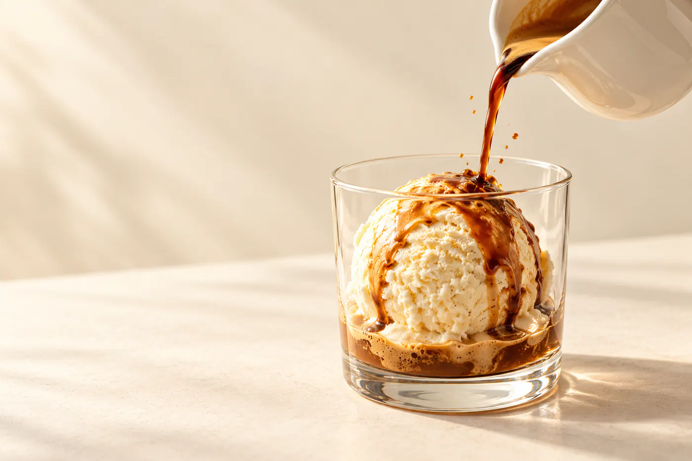 Affogato: espresso hældes over en kugle is i et lavt glas.