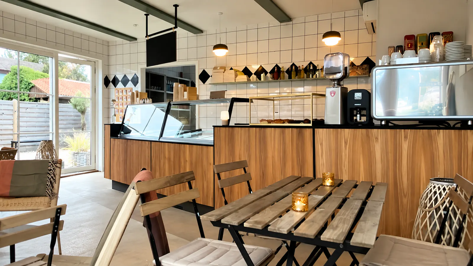 Inde hos isola: isdisk i lyst træ, hvide fliser, espressomaskine og borde ved de store vinduer.
